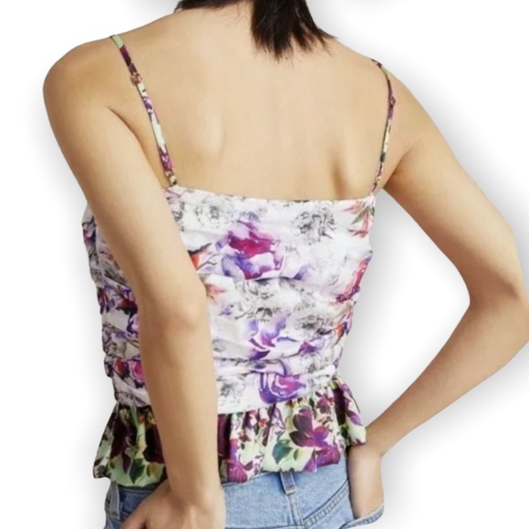 New Delfi Collective Anthropologie Mila L Purple Green Floral Ruched Silky Tank - Picture 4 of 6